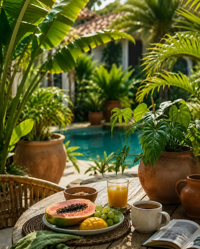 Et si le vrai luxe, c’était de commencer la journée au milieu des tropiques ? ☀️ Un café, quelques fruits frais, une lu…